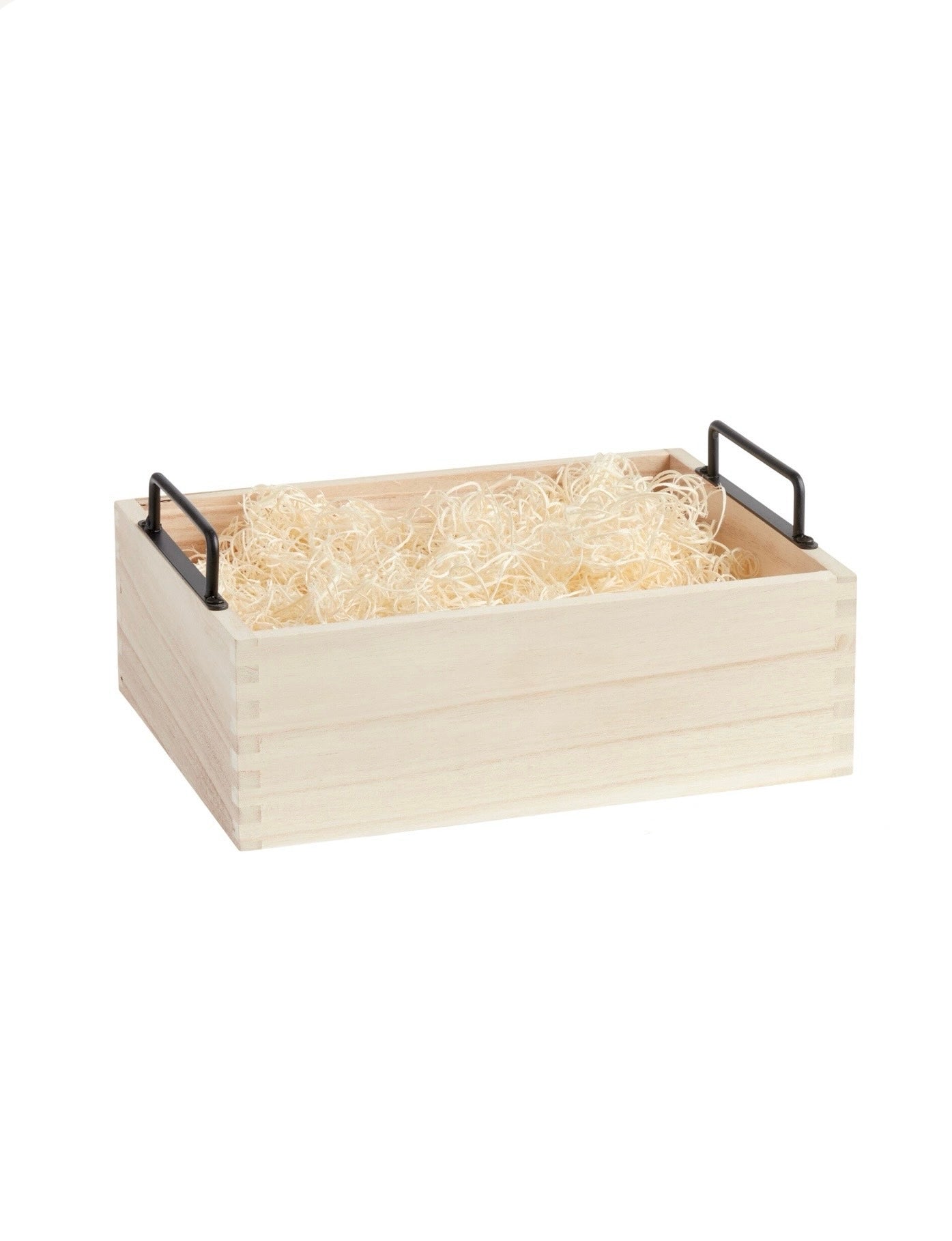 Wooden storage box with black handles on a white background