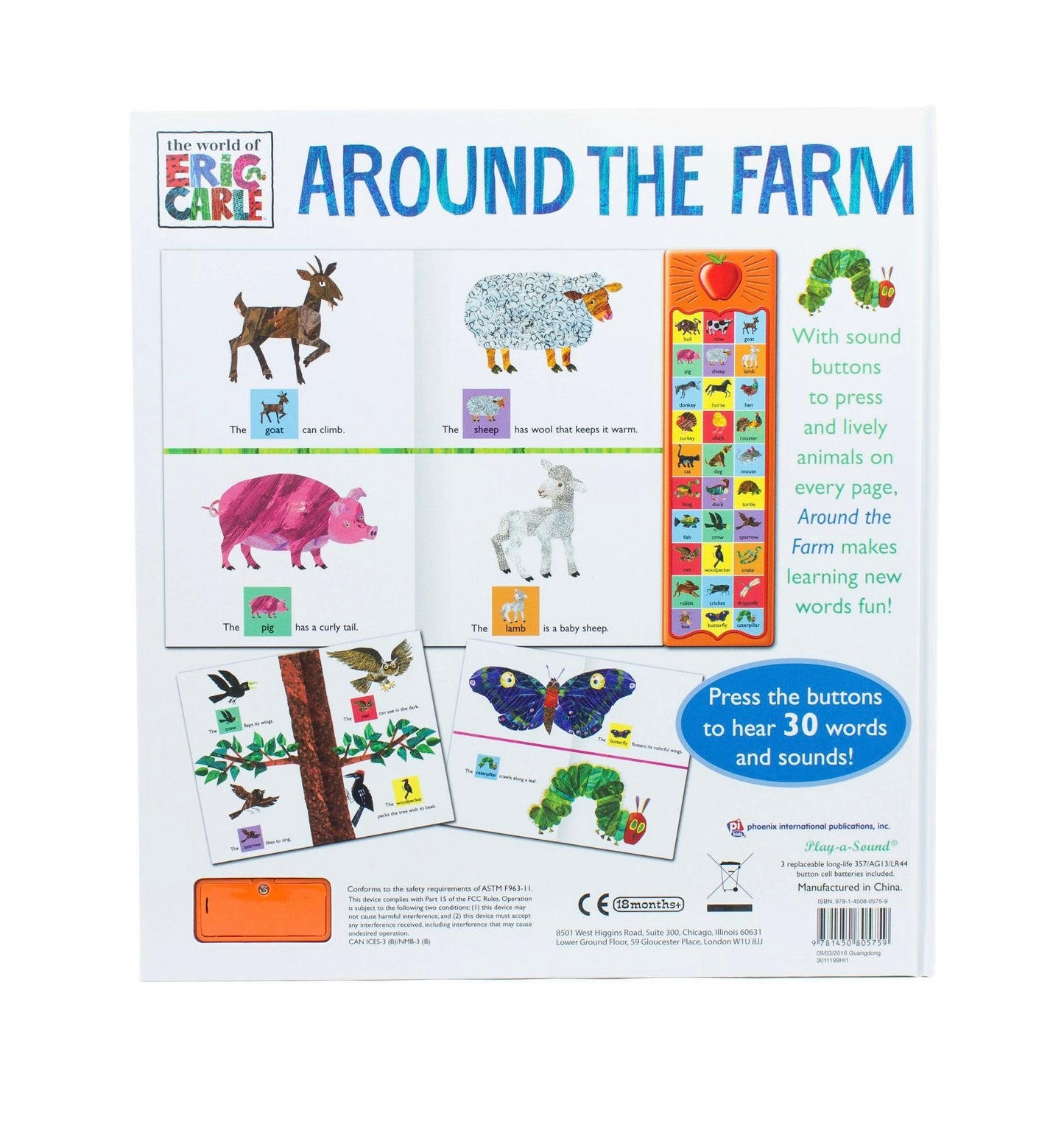 Back book cover of 'Around the Farm' from The World of Eric Carle with farm animals and sound button illustrations.