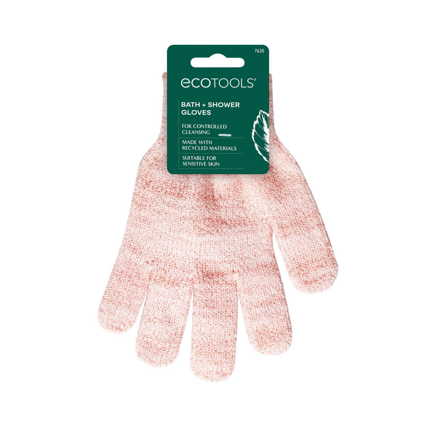 Pink bath and shower glove with green Ecotools packaging on a white background