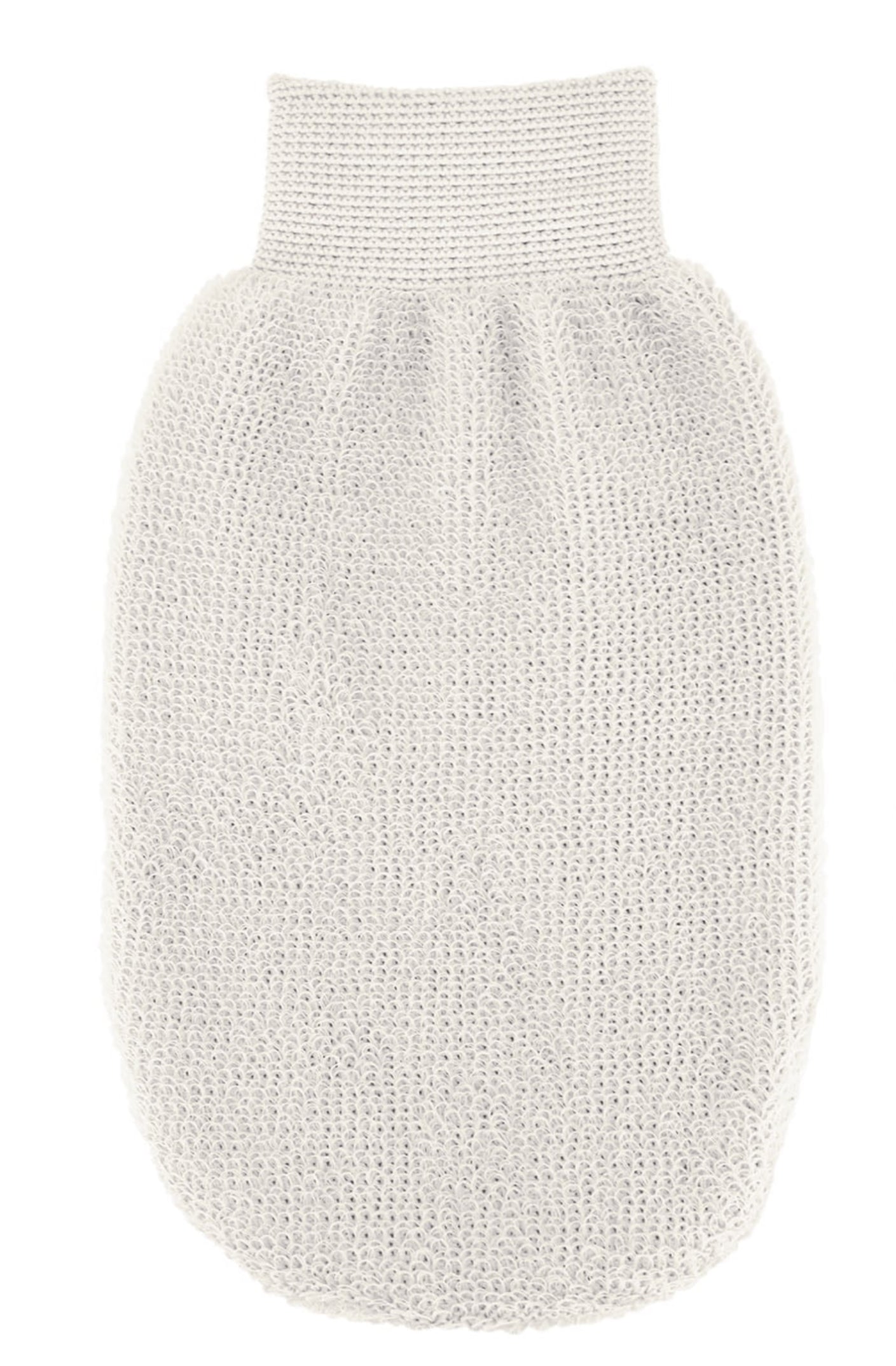 Textured white bath glove on a white background