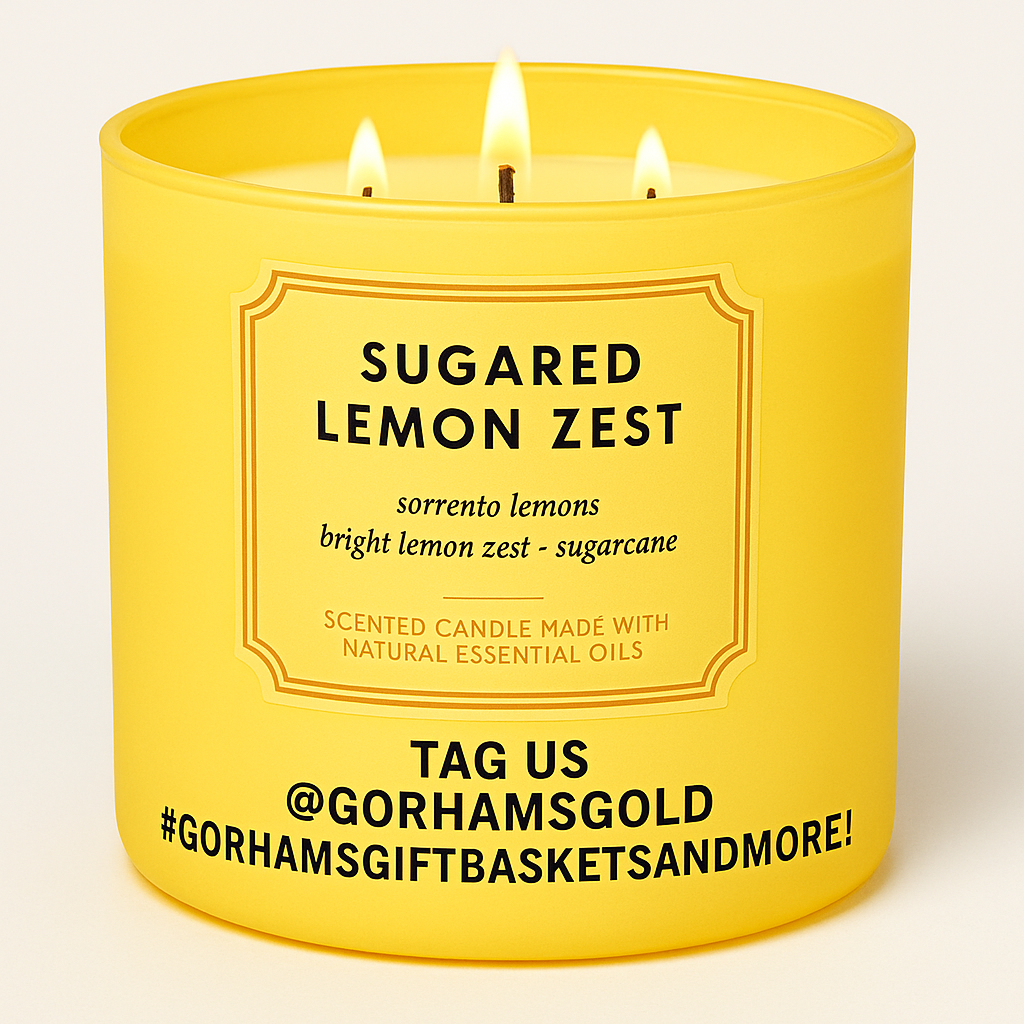 Yellow candle labeled 'Sugared Lemon Zest' with branding text on a light beige background