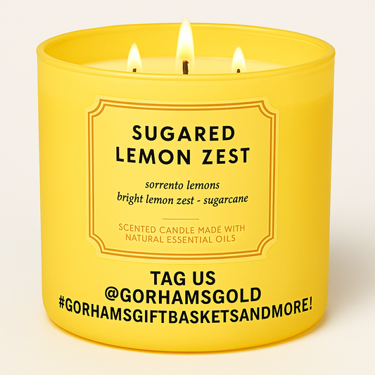 Yellow candle labeled 'Sugared Lemon Zest' with branding text on a light beige background