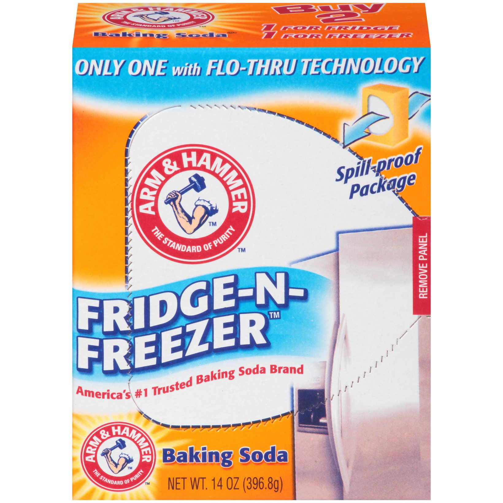 Box of Arm & Hammer Fridge-N-Freezer Baking Soda with packaging details on a white background