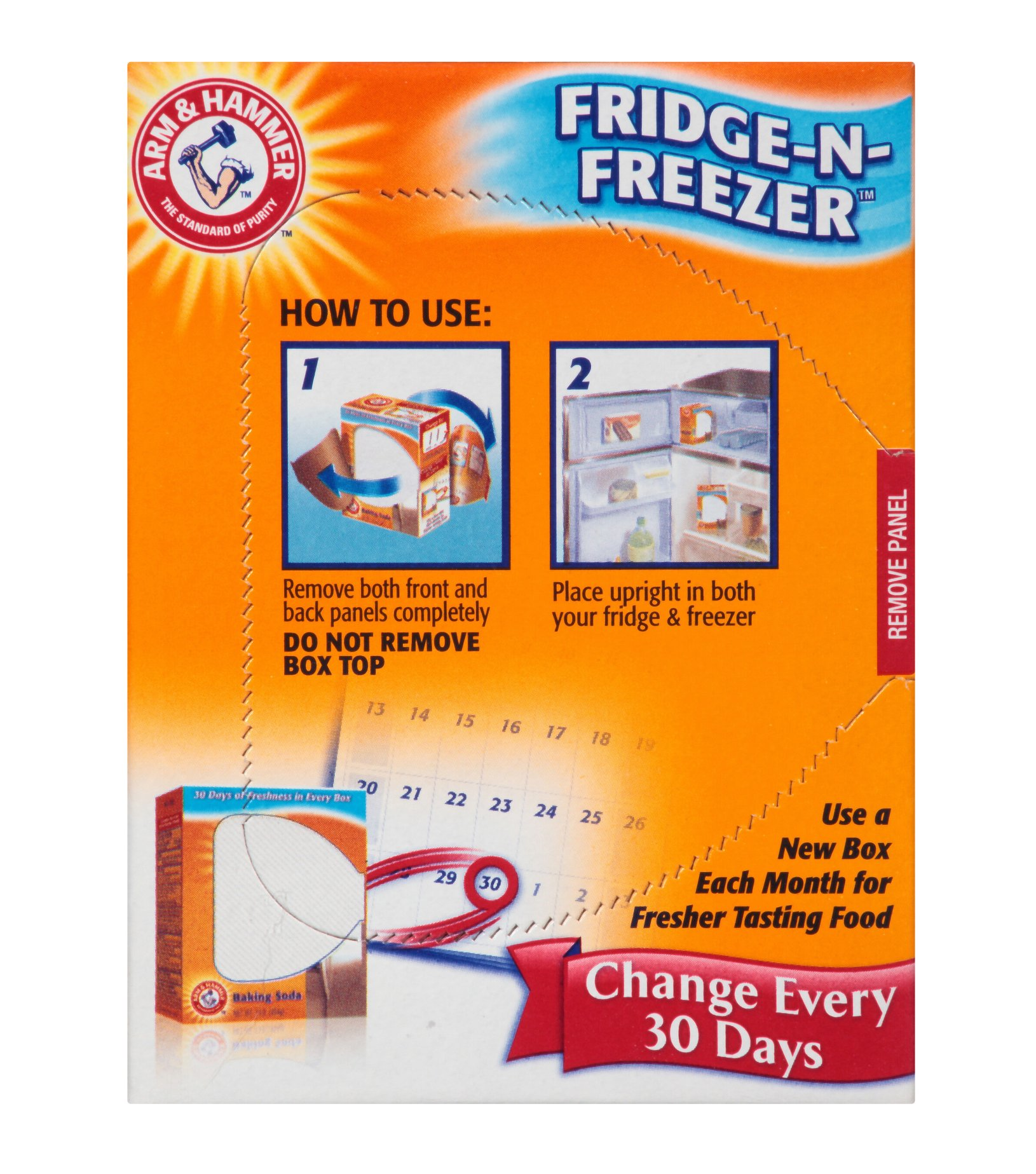 Arm & Hammer Fridge-N-Freezer packaging with usage instructions on an orange background