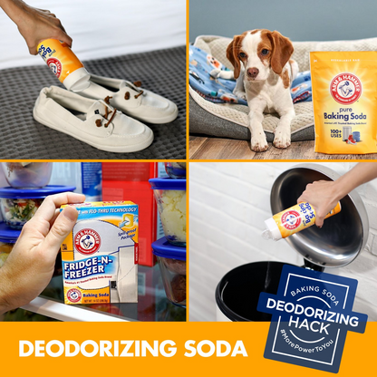 Collage of Arm & Hammer baking soda uses including shoes, pet bed, fridge, and laundry.