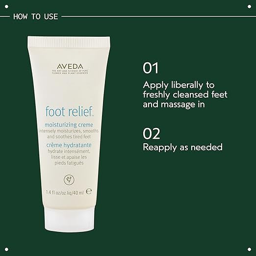 Aveda foot relief moisturizing crème tube with usage instructions on a green background