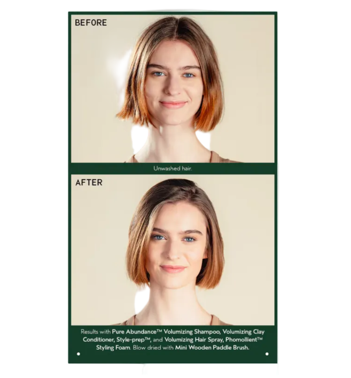 Before and after comparison of hair styling with a mini paddle brush on a website.