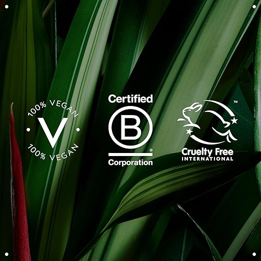 Certification logos for 100% Vegan, Certified B Corporation, and Cruelty Free International on a green leaf background.