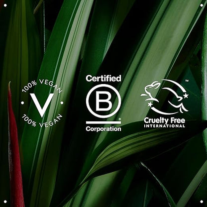Certification logos for 100% Vegan, Certified B Corporation, and Cruelty Free International on a green leaf background.