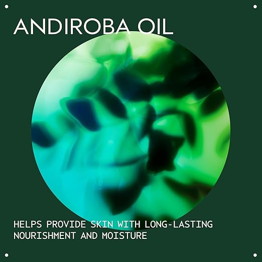Andiroba oil product with green and black color scheme on a dark green background.