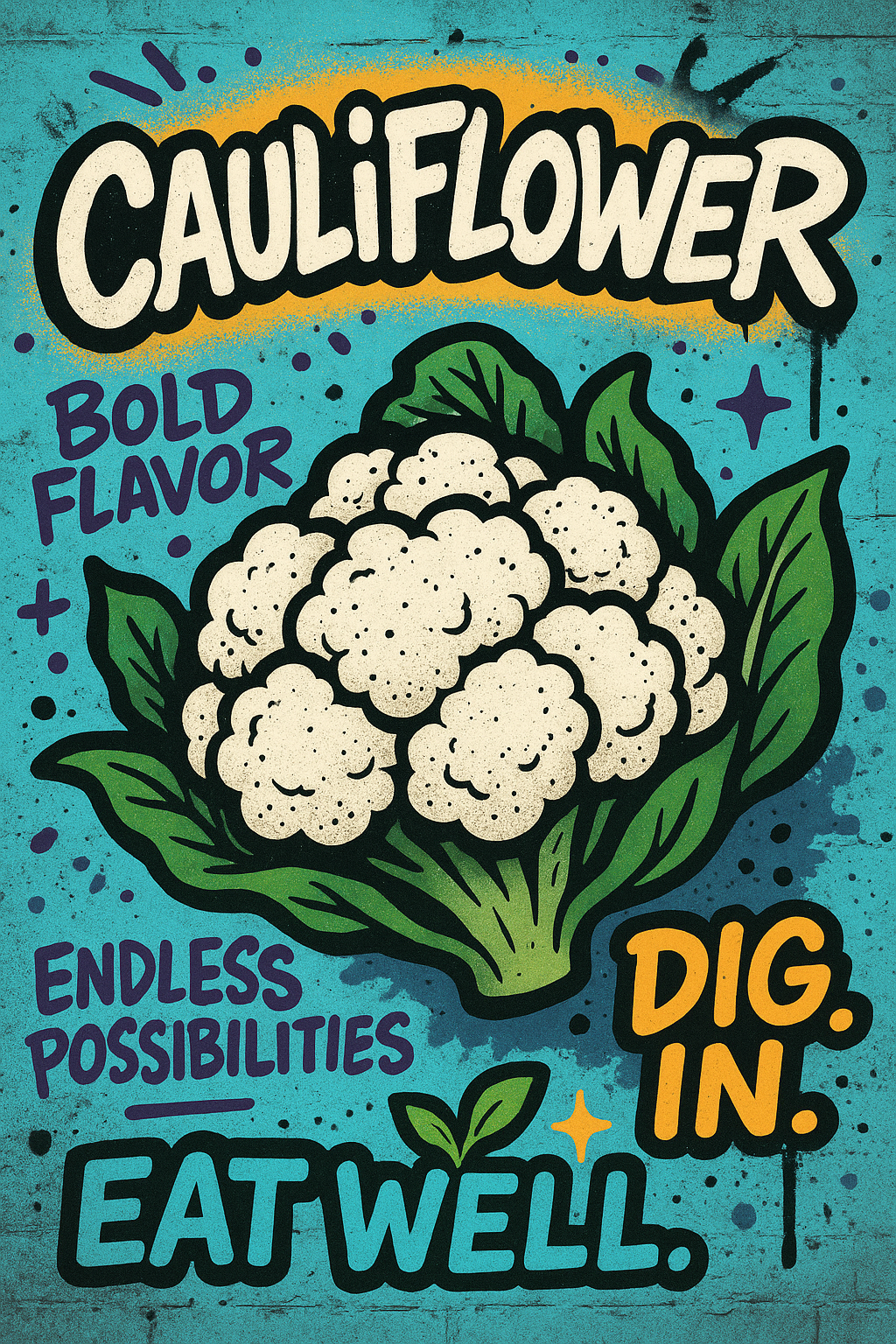 Graffiti-style iIllustration of a cauliflower with text about its flavor and benefits on a blue background.