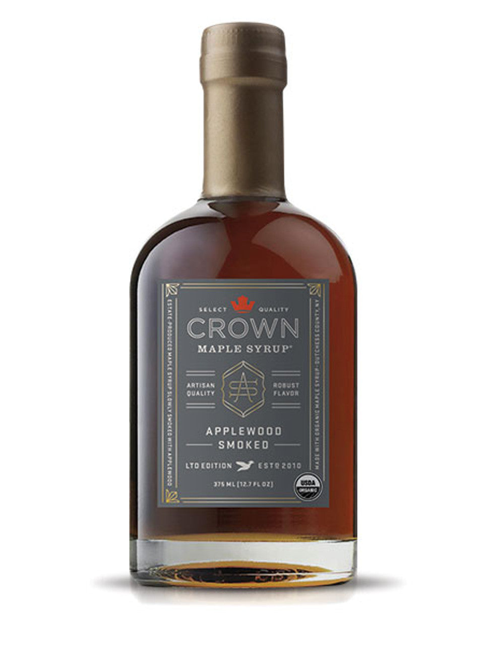 Bottle of Crown Maple Syrup with a matte gray label on a white background