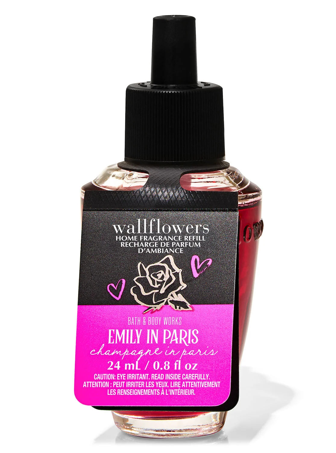 Wallflowers home fragrance refill bottle with black cap and pink label on a white background