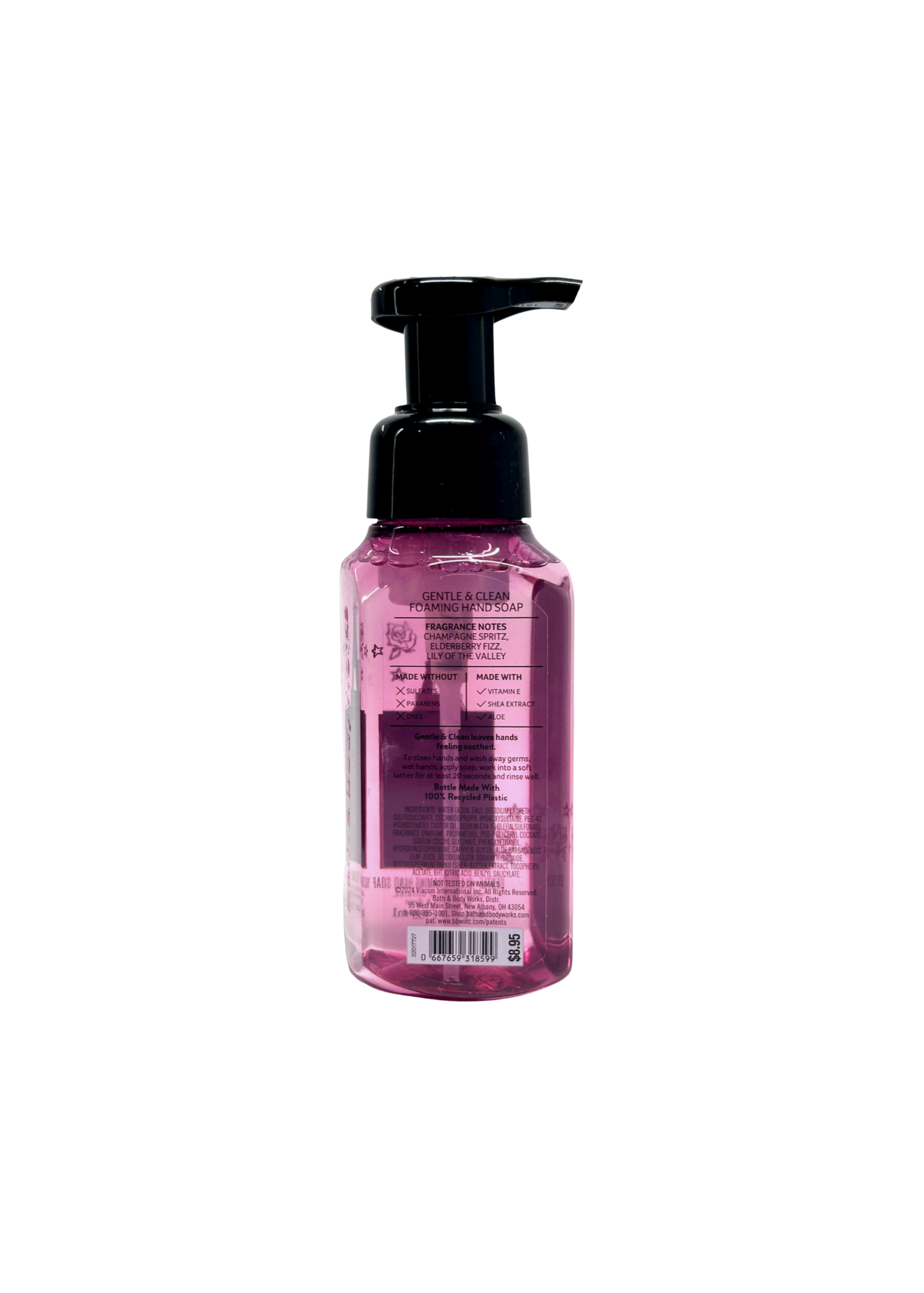 Pink foaming hand soap bottle with black pump on a white background