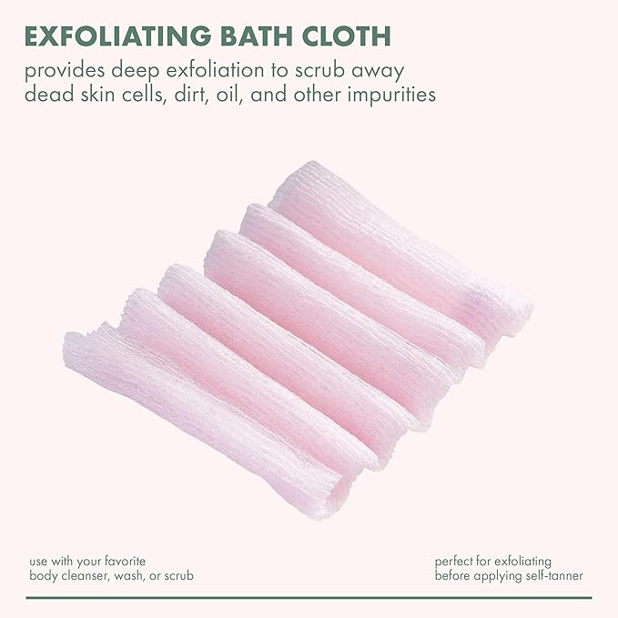 Exfoliating bath cloth with text describing its use on a soft pink background