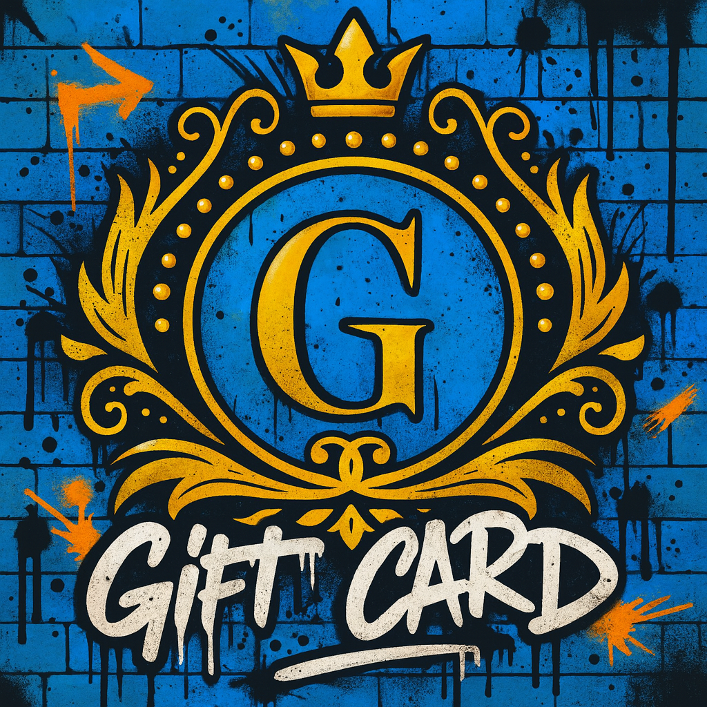 Decorative gift card design with a gold 'G' and crown on a blue background
