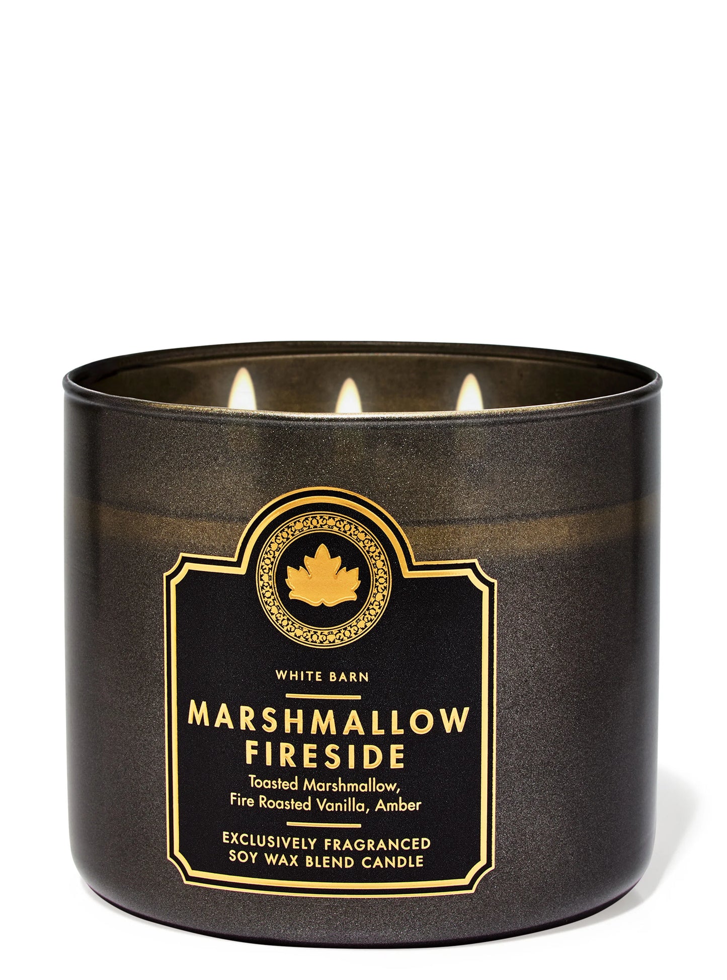 Black candle with gold label on a white background