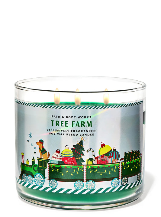 Bath & Body Works Tree Farm candle with a festive design on a white background