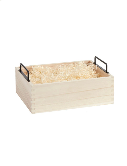 Wooden storage box with black handles on a white background