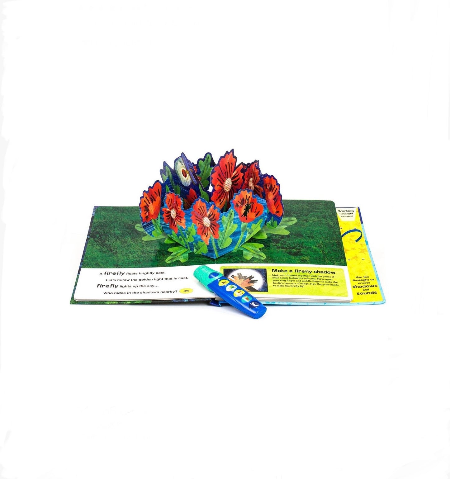 Pop-up book with a colorful firefly design on a white background