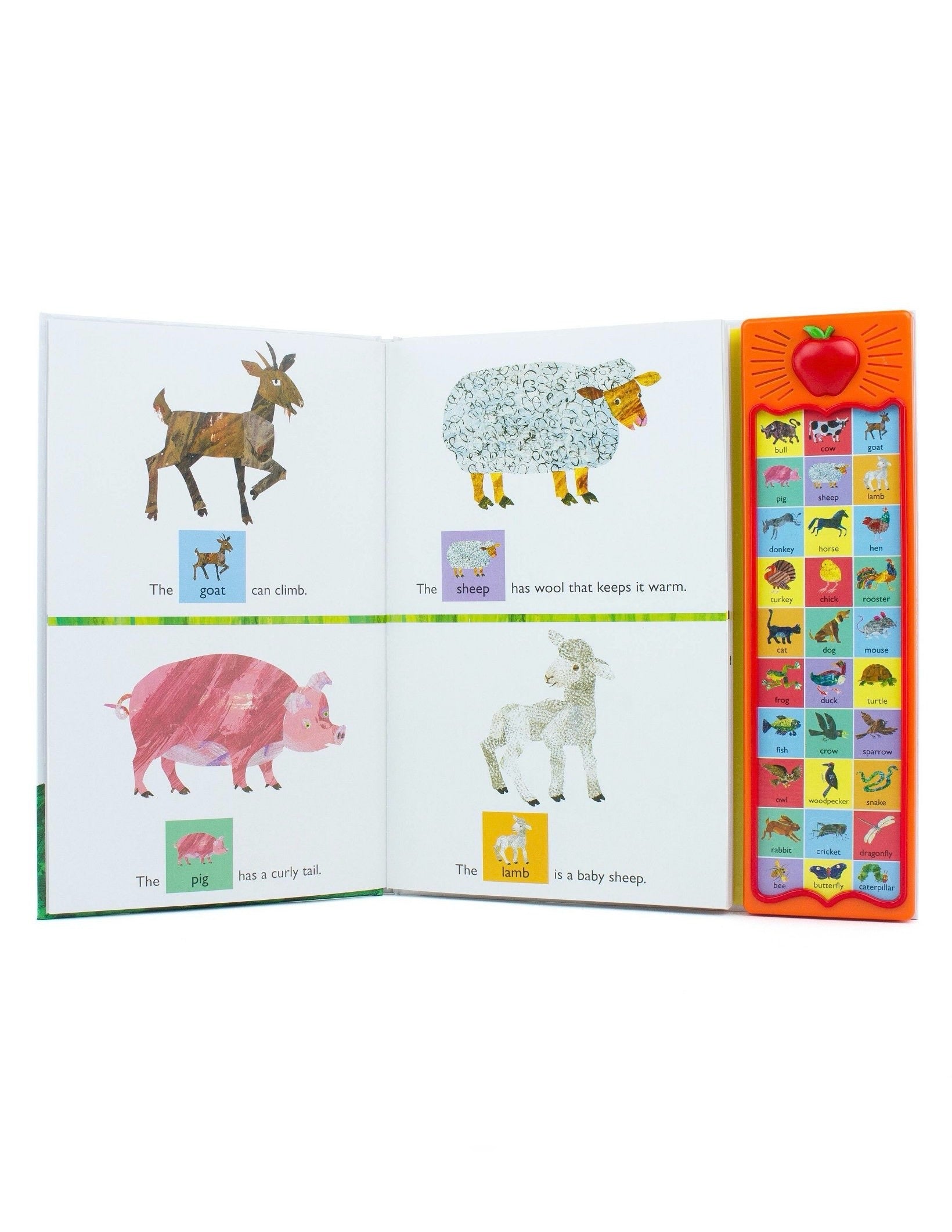 Children's book with farm animal illustrations and a colorful interactive sound page on the right. 