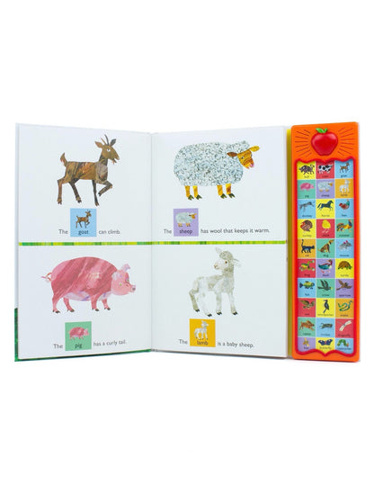 Children's book with farm animal illustrations and a colorful interactive sound page on the right. 