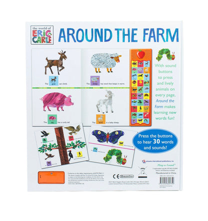 Back book cover of 'Around the Farm' from The World of Eric Carle with farm animals and sound button illustrations.