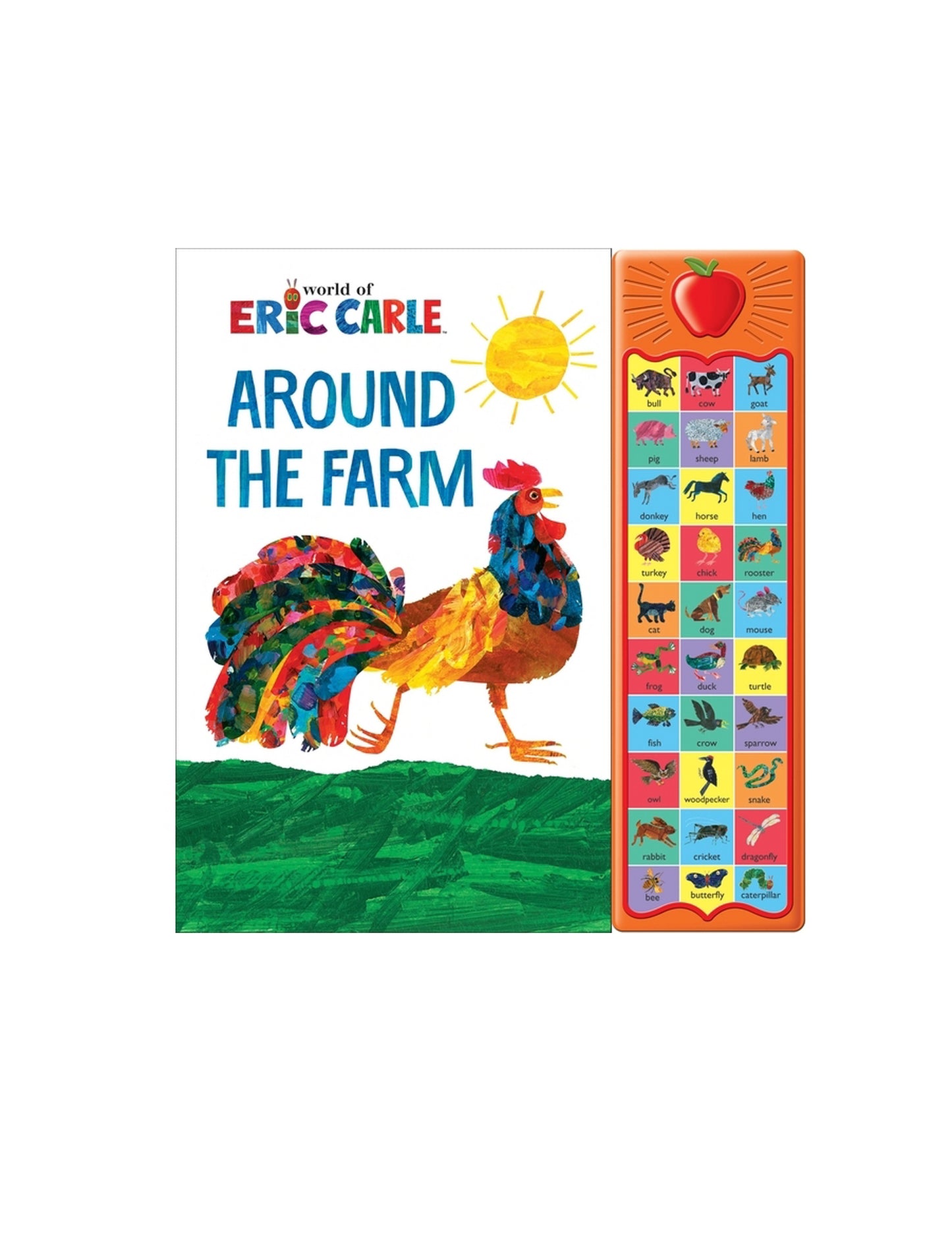 Book cover of 'Around the Farm' by Eric Carle with a colorful rooster illustration and farm animal icons.