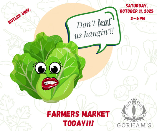 Cartoon lettuce character with a speech bubble about a Farmers Market event at Butler Univ.