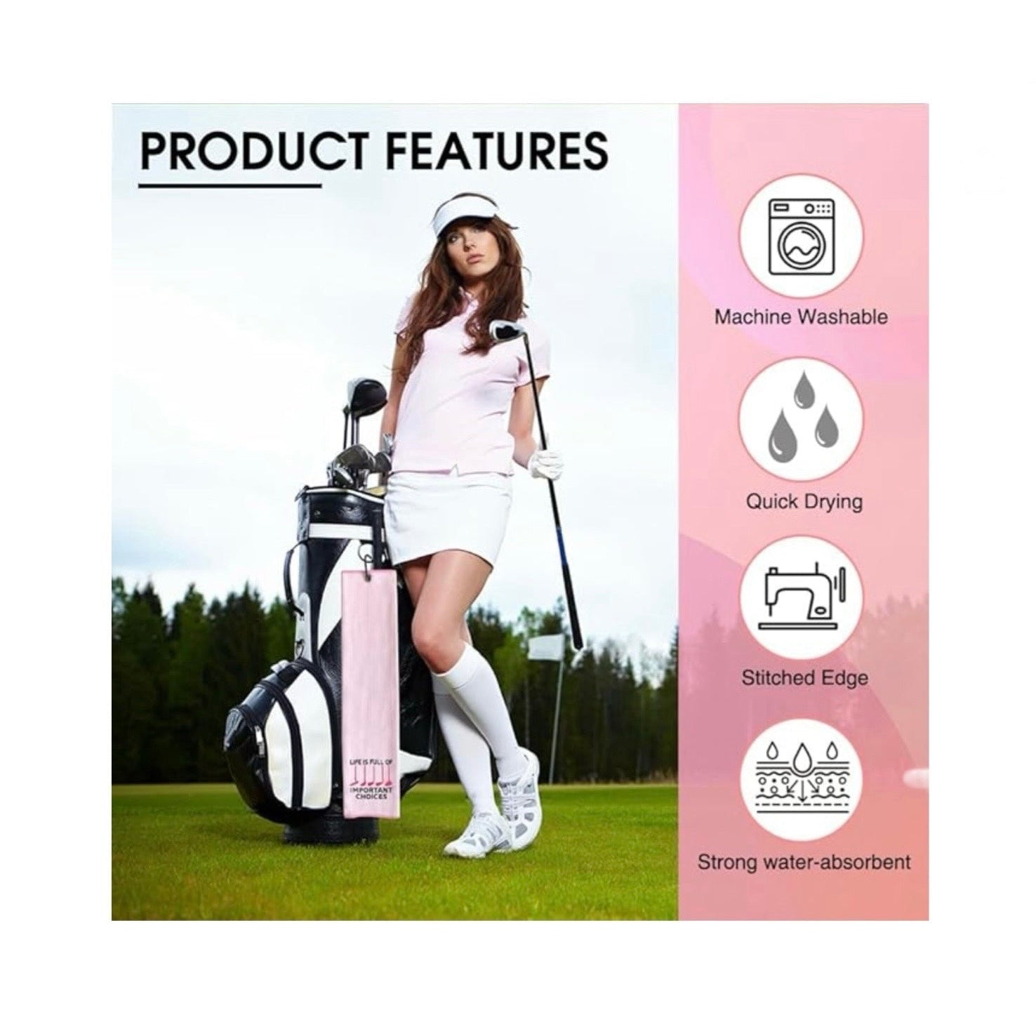 Woman in golf attire with a golf bag on a grassy field, featuring product features on the right.