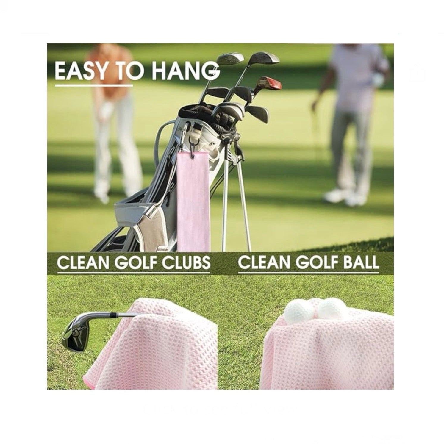 Golf bag with golf clubs and a ball on a grassy field, with text indicating features.