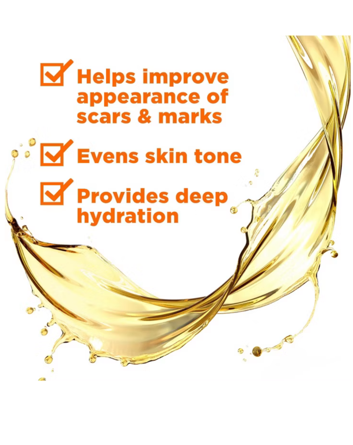 Product advertisement with gold oil design and text on a white background