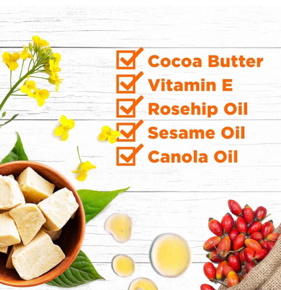 Product page with ingredients listed and images of cocoa butter, vitamin E, rosehip oil, sesame oil, and canola oil.