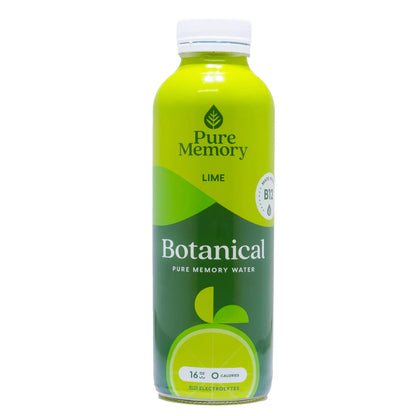 A green bottle of Pure Memory Water with the label showing 'Botanical' and 'Lime'. The size of the bottle is mentioned as 16 fl oz (453 ml).
