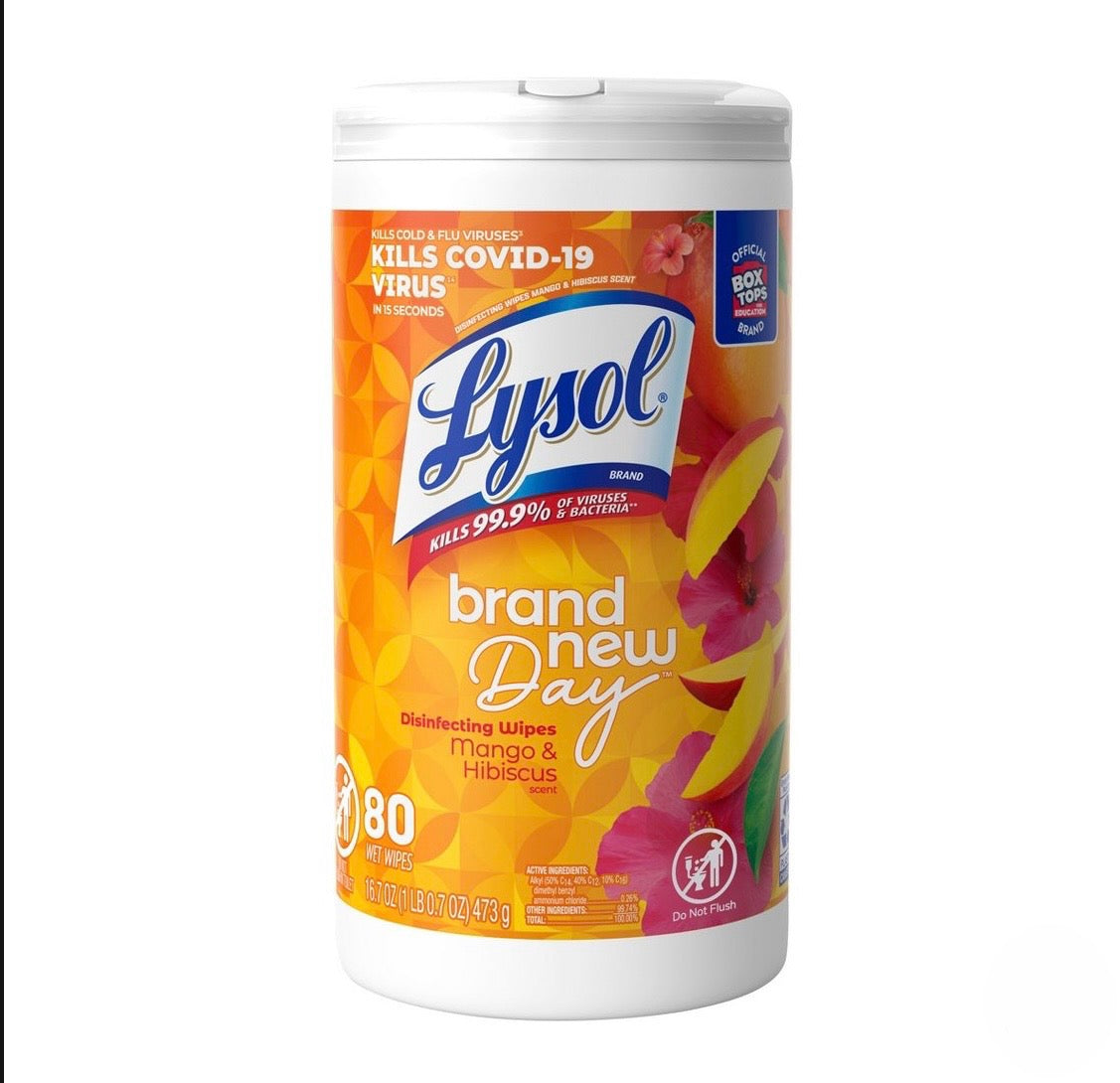 Bright orange and pink canister of Lysol® Brand New Day Mango & Hibiscus Disinfecting Wipes on a white background. The tropical label features mango slices and hibiscus flowers.

