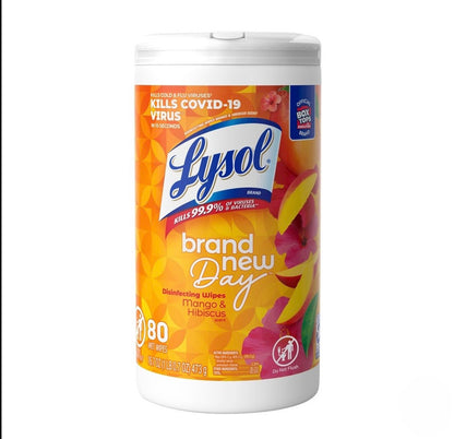 Bright orange and pink canister of Lysol® Brand New Day Mango & Hibiscus Disinfecting Wipes on a white background. The tropical label features mango slices and hibiscus flowers.
