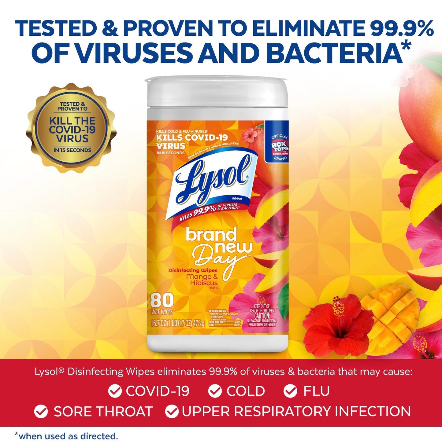 Lysol disinfecting wipes packaging with floral design and text about virus and bacteria elimination.