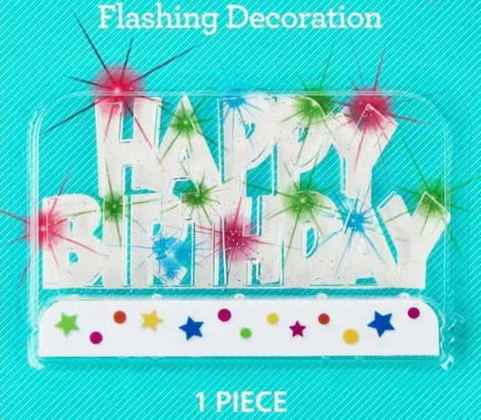 Happy Birthday Cake Topper decoration simulating it flashing while still in it’s teal blue packaging.