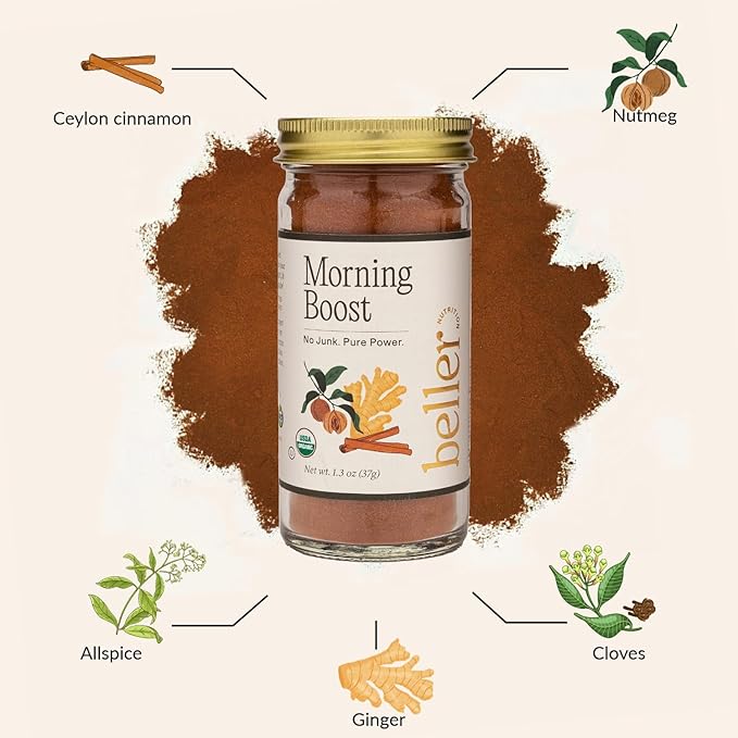 Jar of 'Morning Boost' with ingredients labeled on a beige background