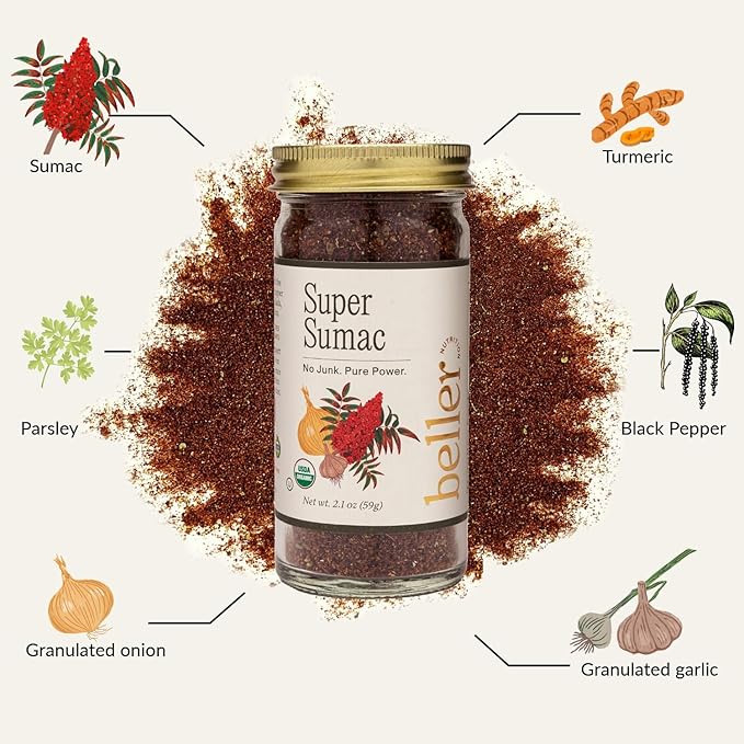 Super Sumac jar with ingredients listed on a white background