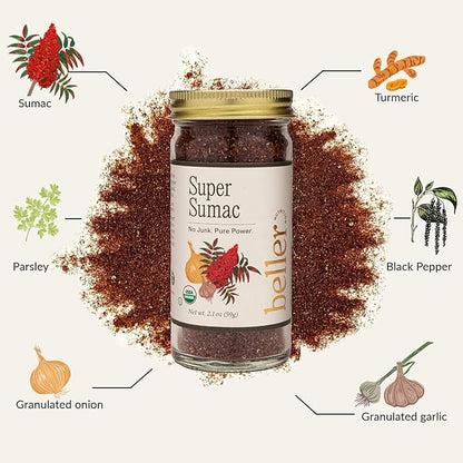 Super Sumac jar with ingredients listed on a white background