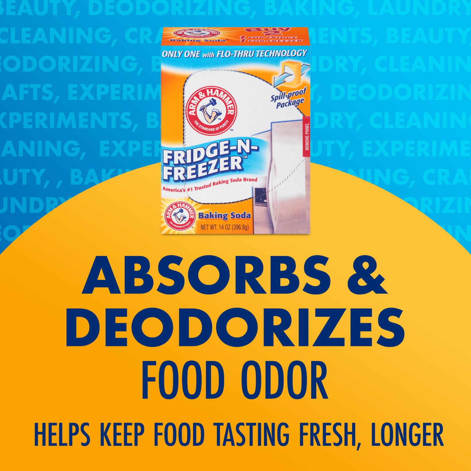 Arm & Hammer Fridge-N-Freezer Absorbent Pack on a blue and yellow background with text about odor absorption.