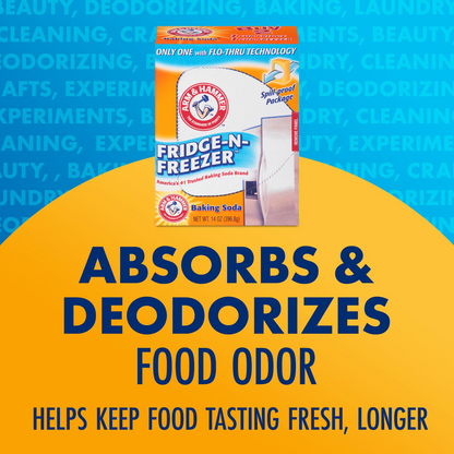 Arm & Hammer Fridge-N-Freezer Absorbent Pack on a blue and yellow background with text about odor absorption.