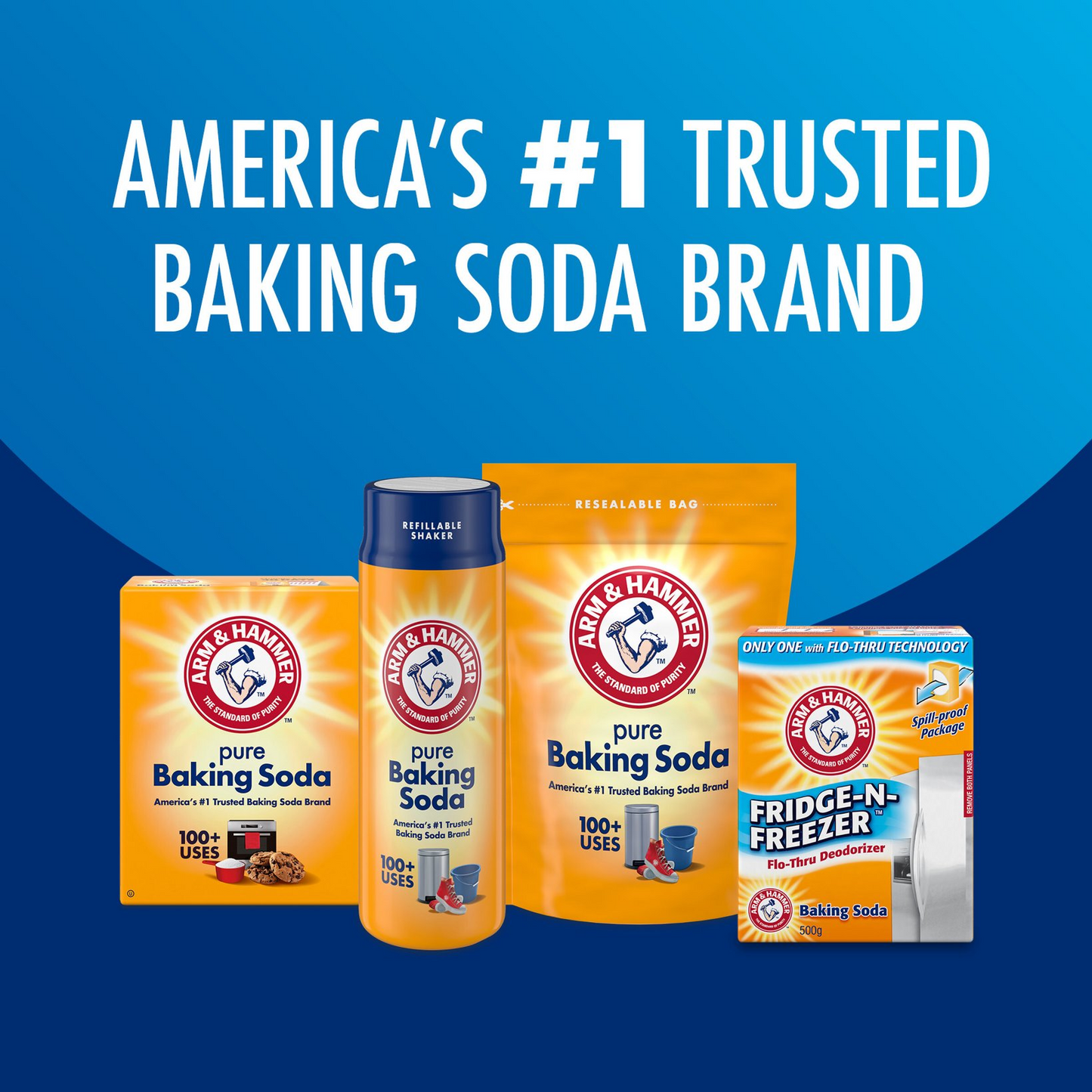 Arm & Hammer baking soda products with text 'America's #1 Trusted Baking Soda Brand' on a blue background.