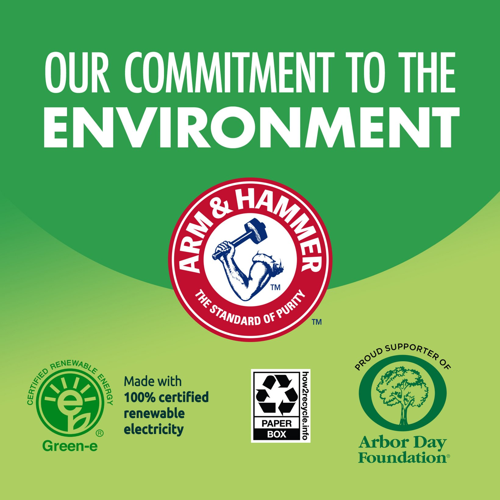 Product packaging with Arm & Hammer logo and environmental commitment text on a green background