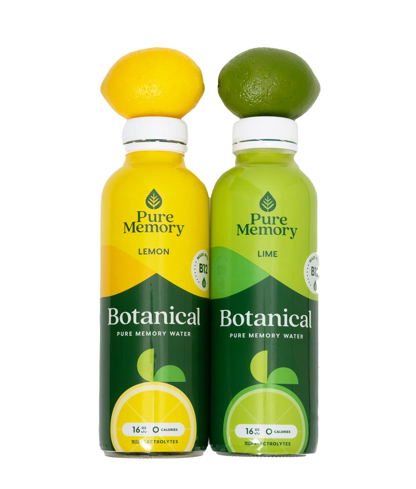 Two bottles of Pure Memory Botanical Pure Memory Water, one lemon and one lime flavored, on a white background.