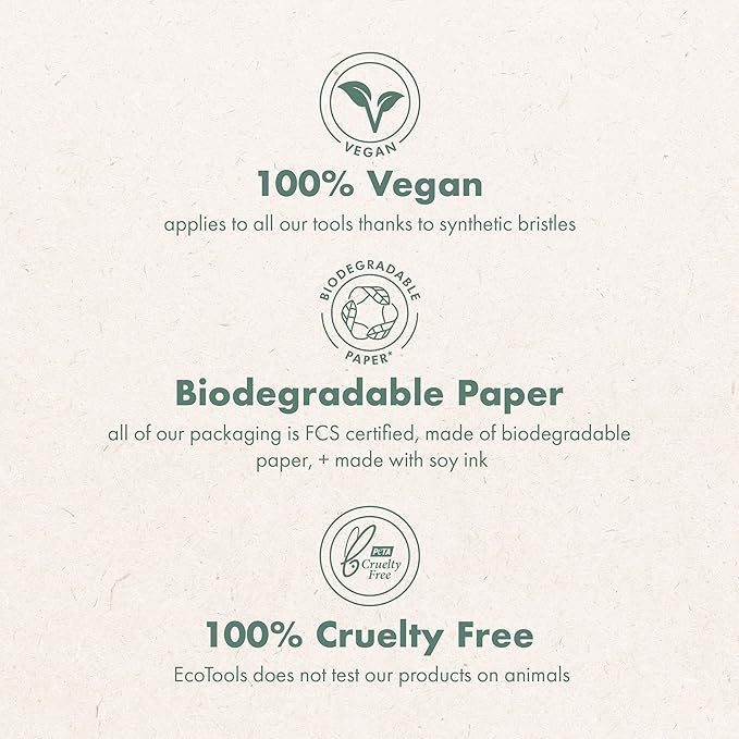 Eco-friendly product label with vegan, biodegradable paper, cruelty-free, and FCS certified text on a beige background.