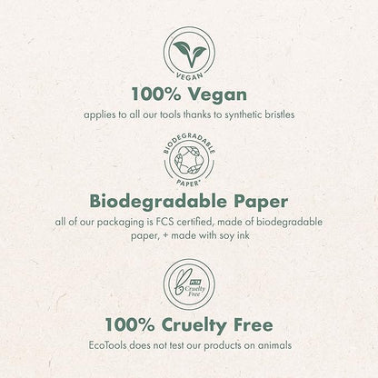 Eco-friendly product label with vegan, biodegradable paper, cruelty-free, and FCS certified text on a beige background.