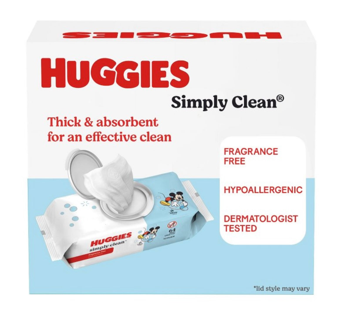 Huggies Simply Clean baby wipes packaging with branding and product features.