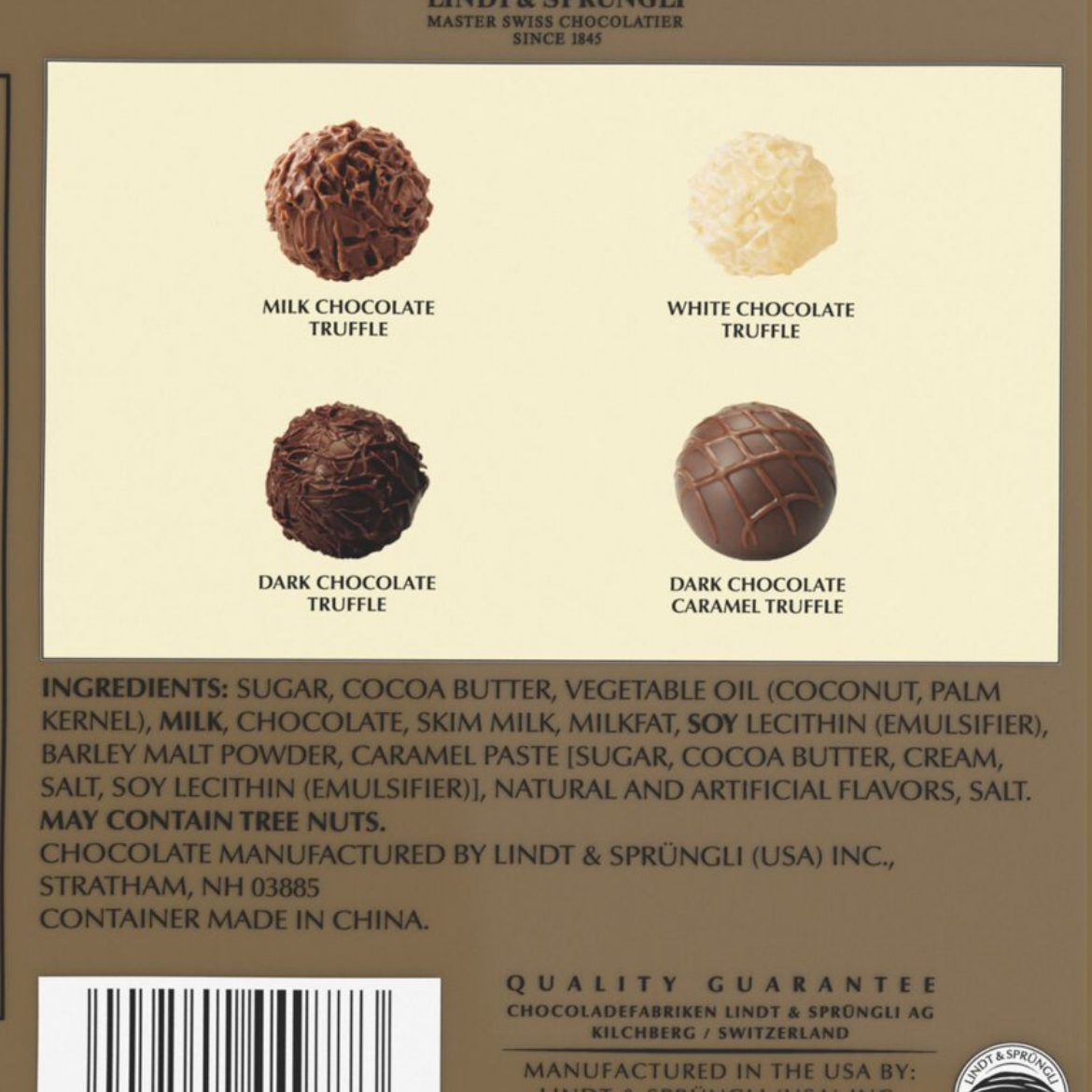 Lindt & Sprüngli chocolate truffle packaging with product images and text.